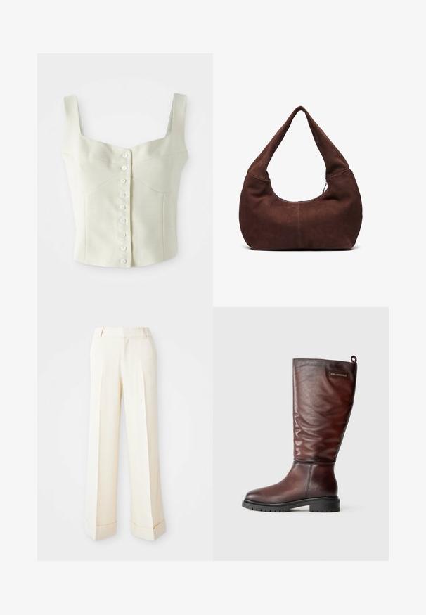 Tej színű, ujjatlan, rövid top széles pántokkal, a közepén egy sor kis fehér gombbal.; Beige, bő szárú nadrág sima textúrával, elülső redőkkel és hajtott szegéllyel. Derékpánt hurokkal és cipzáras záródással rendelkezik.; Barna bőr, térd fölé érő csizmák, enyhén megereszkedett dizájnnal, kerek orral és vastag, texturált fekete gumitalppal. Logópatent található rajtuk.; Barna velúr hobo táska ívelt, széles fogantyúval és nagy nyílással. Puha textúra, a szélek mentén látható varrás részletekkel.