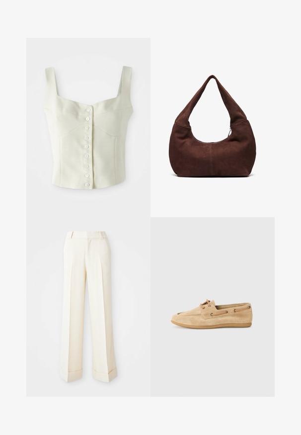 Tej színű, ujjatlan, rövid top széles pántokkal, a közepén egy sor kis fehér gombbal.; Beige, bő szárú nadrág sima textúrával, elülső redőkkel és hajtott szegéllyel. Derékpánt hurokkal és cipzáras záródással rendelkezik.; Beige velúr cipő lekerekített orral, lapos gumitalppal és fűződíszítéssel. Barna bőr részletek és varrások találhatók az oldalán.; Barna velúr hobo táska ívelt, széles fogantyúval és nagy nyílással. Puha textúra, a szélek mentén látható varrás részletekkel.