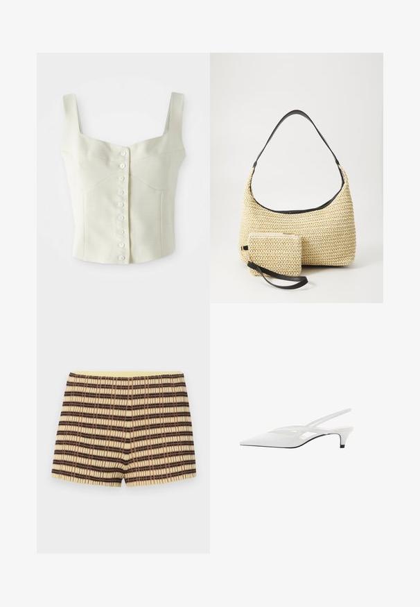 Krémový bezrukávový krCrop top s širokými ramínky a přední řadou malých bílých knoflíků uprostřed.; pletené šortky béžové barvy s hnědými a černými pruhy; mají žebrovanou texturu a elastický žlutý pas.; Bílé slingback podpatky se špičatou špičkou, s hladkým svrškem, jemnými výřezy a nízkým blokovým podpatkem. Černá podrážka zvýrazňuje design.; Tkaná slaměná taška s zakřiveným siluetou, která má hladký černý kožený popruh a odpovídající malou taštičku připevněnou zápěstním páskem.