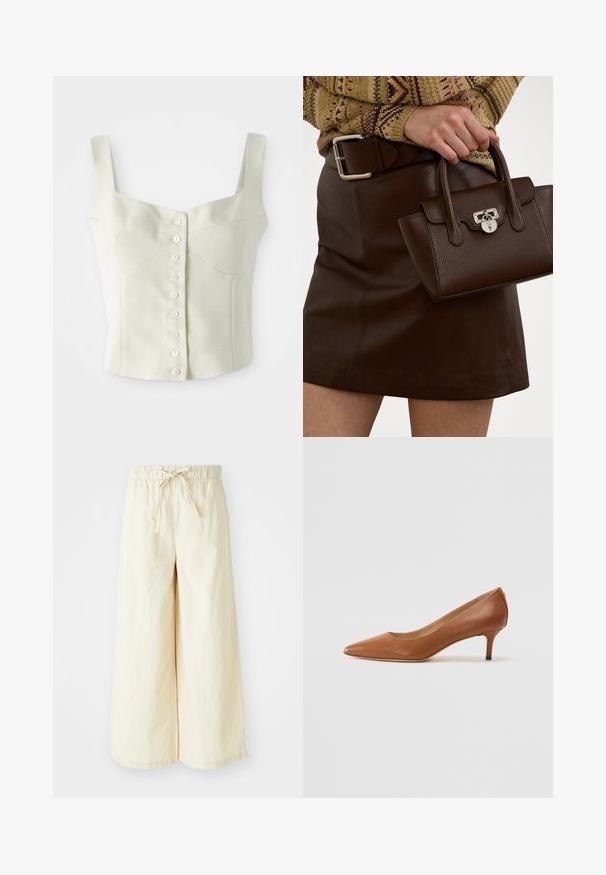 Top scurt, fără mâneci, de culoare crem, cu bretele late și o rând de nasturi mici albi în față, pe centru.; Pantaloni cu picioare largi dintr-un material bej moale și ușor. Dispun de un sistem de prindere cu elastic la talie și un șnur frontal pentru ajustarea mărimii. Textură netedă.; Lauren Ralph Lauren ADRIENNE - Pantofi clasici cu toc - deep saddle tan; Geantă din piele maronie cu un finisaj texturat și accesorii din argint, ținută cu o mână lângă o fustă din piele maronie și un pulover cu model.