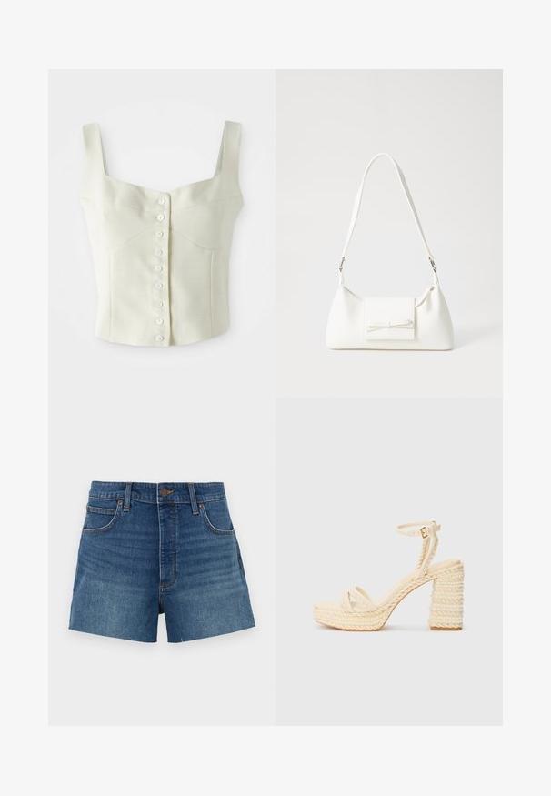 Gaiškrēms bez piedurknēm apgrieztais tops ar platiem siksnām un mazu baltu pogu rindu pa vidu.; Denim šorti vidēji zilā krāsā ar augstu jostasvietu, četriem kabatām un izšūšanu. Gluda tekstūra ar klasisku griezumu.; Bēša krāsa strīpu sandales ar augstiem papēžiem, ar pinumu no džutas platformas un papēža, kas piedāvā šauru potītes jostu un gludu zoli.; Balta sintētiska soma ar trīsstūrveida formu, plakanu priekšējo vāciņu un loku detaļu, regulējamu siksnu, gludu tekstūru un minimālistisku dizainu.