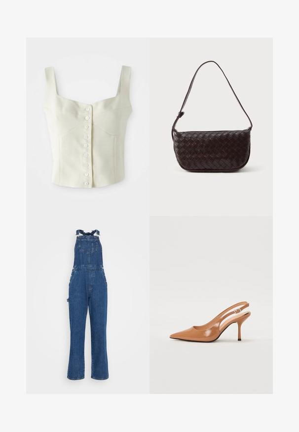 Kremasti kratki top bez rukava s širokim trakama i redom malih bijelih gumba koji se proteže duž središnjeg dijela.; Traperice s naramenicama koje se mogu prilagoditi, prednjim džepom i detaljima s bočnim gumbima. Tamnoplava boja i ravna nogavica s izblijedjelom teksturom.; Sandal s petom u obliku šiljastog prsta od glatkog, sjajnog smeškastog materijala. Ima zakrivljeni izrez i vitku štiklu. Detalj s srebrnom kopčom.; Tkana kožna torba za rame u tamnosmeđoj boji s zakrivljenim oblikom, podesivim remenom i glatkom završnom obradom. Kompaktni dizajn bez vidljivih bravica.