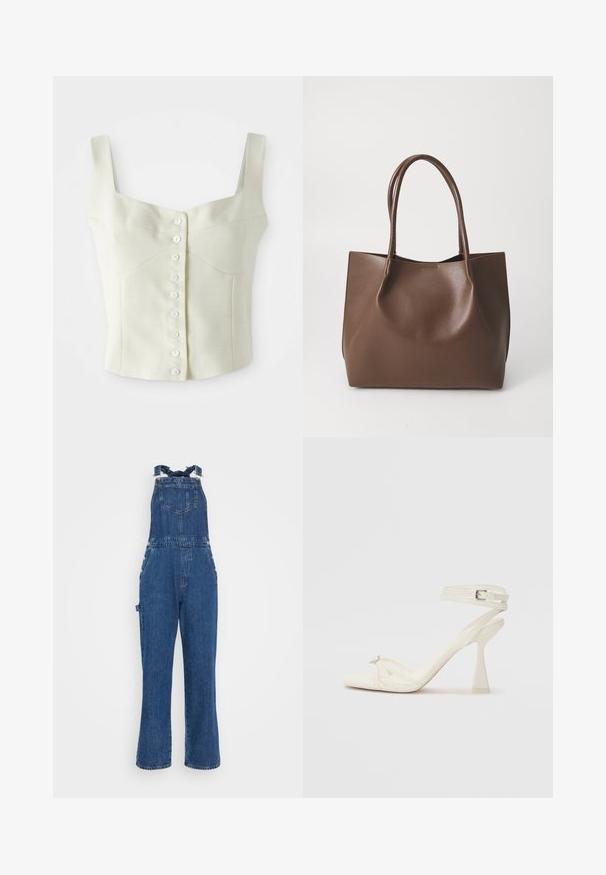 Kreemjas värvitoonis ilma varrukateta lühike topp, millel on laiad rihmad ja esiküljel rida väikeseid valgeid nööpe.; Denim üleülikondadega, millel on reguleeritavad rihmad, esine tasku ja külg-nuppude detailid. Tume sinine värv ja sirge jalgade disain koos pleekinud tekstuuriga.; Köitmine kõrge kontsaga sandaal valgest nahast, millel on stiilne disain, läbipaistev plokk-konts ja dekoratiivne element varvaste juures.; Pruun nahkne kott kahe pika sangaga, struktureeritud kuju, sile pind ja minimalistik disain. Ilma nähtava riistvara või aksessuaarideta.
