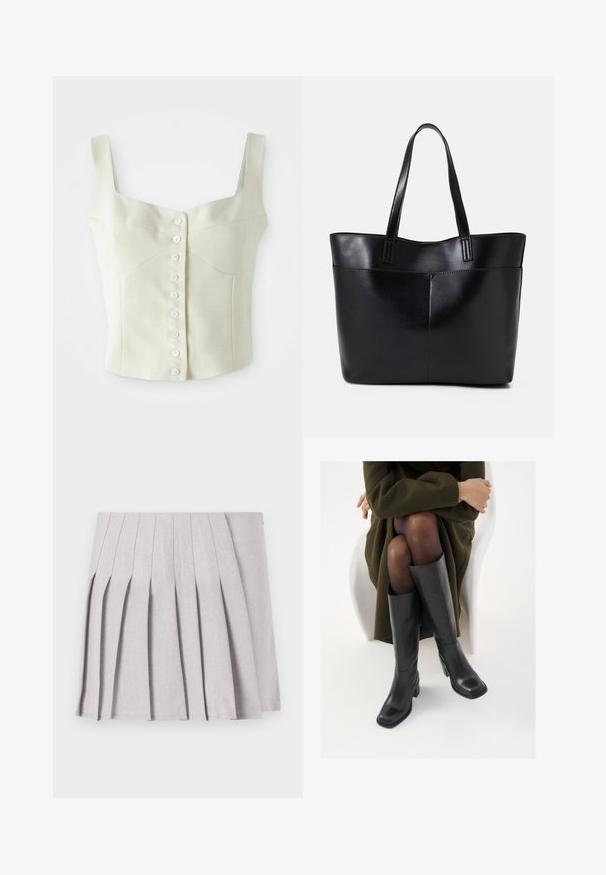 Cream-colored sleeveless cropped top with wide straps and a front row of small white buttons down the center.; Gray pleated skirt with a smooth texture, featuring multiple vertical folds and a fitted waistline. Made from lightweight fabric.; Knee-high black leather boots with a squared toe and block heel, shown with a model seated in an olive green coat. Smooth texture, minimal detailing.; Black leather tote bag with two long handles, a smooth texture, and a structured shape. Features a front pocket for additional storage.