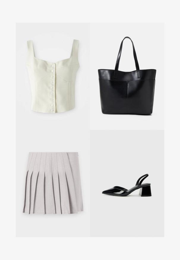 Kermanvärinen ilman hihoja oleva lyhyt toppi, jossa on leveät olkaimet ja edessä pieniä valkoisia nappeja rivissä keskellä.; Harmaa laskostettu hame, jossa on sileä pinta, useita pystysuoria laskoksia ja kapea vyötärö. Valmistettu kevyestä kankaasta.; Mustat patentoitu nahkakengät, joissa on säären takaosa ja terävä kärki, sekä geometrinen palikkakorko. Sisältää tyylikkään, minimalistisen muotoilun ja sileän pinnan.; Musta nahkainen kassi, jossa on kaksi pitkää kahvaa, sileä pinta ja jämäkkä muoto. Sisältää etutaskun lisävarastointia varten.