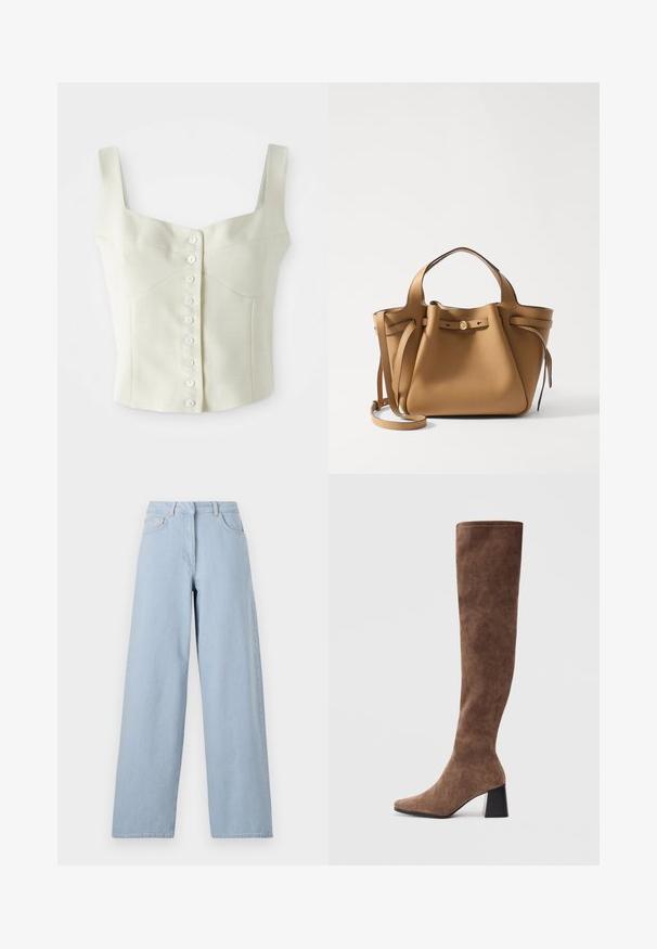 Top corto sin mangas color crema con tirantes anchos y una fila delgada de pequeños botones blancos en el centro.; REMAIN COCOON PANTS - Pernera ancha - light blue; Botas marrones por encima de la rodilla hechas de suave ante con punta afilada y un chunky tacón negro. El diseño presenta costuras sin fisuras para un aspecto elegante.; Tory Burch ROMY PEBBLED SATCHEL - Bolso de mano - tiramisu