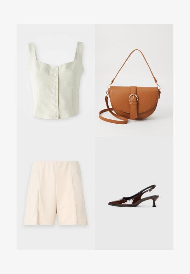 Kremowy, bezrękawnikowy top w crop style z szerokimi ramiączkami, z rzędem małych białych guziczków z przodu na środku.; Jasnoszare szorty o gładkiej fakturze, z elastycznym paskiem w talii i szwami bocznymi. Prosty design bez widocznych wzorów czy akcentów.; Brązowe lakierowane skórzane buty na obcasie typu slingback z ostrym noskiem i umiarkowanym obcasem. Posiadają pasek z klamrą dla zapewnienia stabilnego dopasowania. Gładka tekstura.; Brązowa skórzana torba na ramię o zaokrąglonym kształcie, ze złotymi akcentami i zapięciem w formie klamry. Posiada odpinany pasek na ramię.
