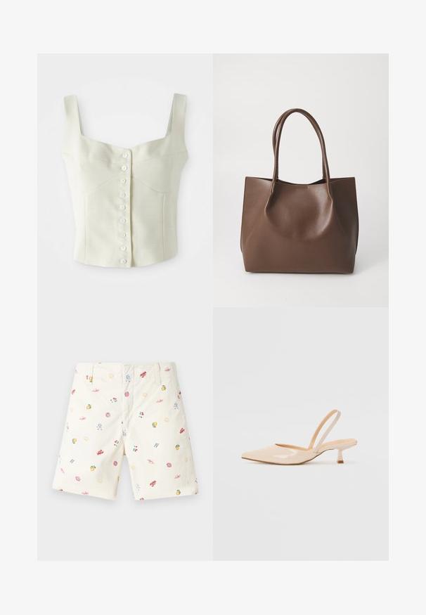 Cremfarbener, ärmelloser Cropped-Top mit breiten Trägern und einer Reihe kleiner weißer Knöpfe in der Mitte.; Bequeme Baumwollshorts in Creme mit bunten, vielfältigen Druckmustern wie Früchten, Muscheln und Sonnensymbolen; klassisches, flaches Vorderdesign.; Beige Lackleder Slingback-Pumps mit spitzem Vorderteil und einem schlanken, quadratischen Absatz. Glatte Textur und minimalistisches Design ohne Verzierungen.; Braune Leder-Tote mit zwei langen Tragriemen, strukturiertem Shape, glatter Textur und minimalistischem Design. Keine sichtbaren Beschläge oder Akzente.