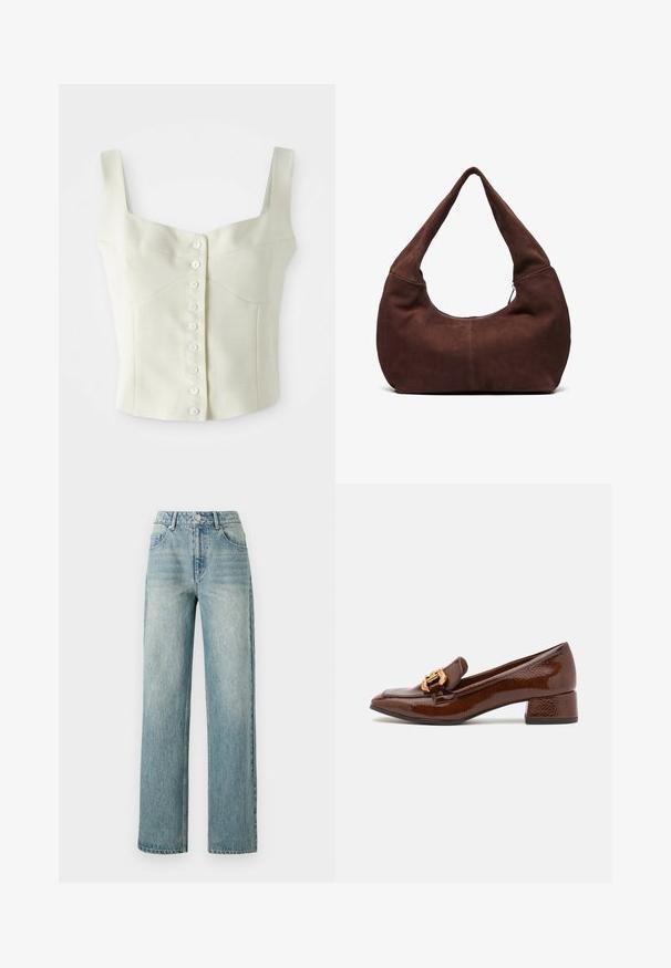 Kremasti kratki top bez rukava s širokim trakama i redom malih bijelih gumba koji se proteže duž središnjeg dijela.; Copenhagen Muse JEANNE PANTS - Traperice opuštenog kroja - medium dirty washed denim; Smeđe kožne mokasine s sjajnom završnom obradom, s ukrasnom zlatnom kopčom sprijeda i niskim blok petama. Klasičan dizajn.; Smeđa suknjena hobo torba s zakrivljenom, širokom ručkom i velikim otvorom. Mekana tekstura s vidljivim šavovima duž rubova.