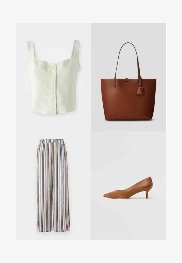 Kremowy, bezrękawnikowy top w crop style z szerokimi ramiączkami, z rzędem małych białych guziczków z przodu na środku.; Spodnie w szerokim kroju w paski z elastycznym pasem. Cecha kolorowe pionowe paski w odcieniach niebieskiego, czerwonego, zielonego i białego na lekkim materiale.; Lauren Ralph Lauren ADRIENNE brązowy; Brązowa torba z chropowatej skóry z dwoma uchwytami, małą przymocowaną metką i subtelnym logo z przodu. Gładka tekstura i wyraźny kształt.