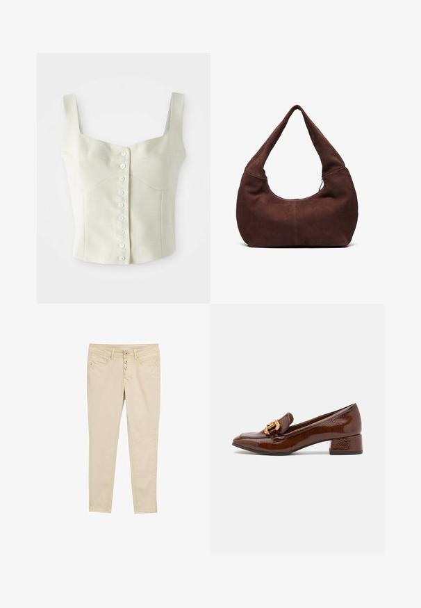 Kreminės spalvos be rankovių trumpas viršus su plačiomis petnešėlėmis ir mažu baltų mygtukų eile per vidurį.; Bežiniai medvilniniai siauručiai džinsai su penkių mygtukų uždarymu, priekinėmis kišenėmis ir subtiliomis siuvimo detalėmis. Lygus paviršius ir prigludęs dizainas.; Rudos odinės loafer'iai su blizgiu paviršiumi, dėlionis auksinis užsegimas priekyje ir žemas blokinis kulnas. Klasikinis dizainas.; Ruda suedinė hobo rankinė su išlenktu plačiu rankenos dizainu ir didele atidarymo angą. Minkšta tekstūra su matomomis siuvimo detalėmis palei kraštus.