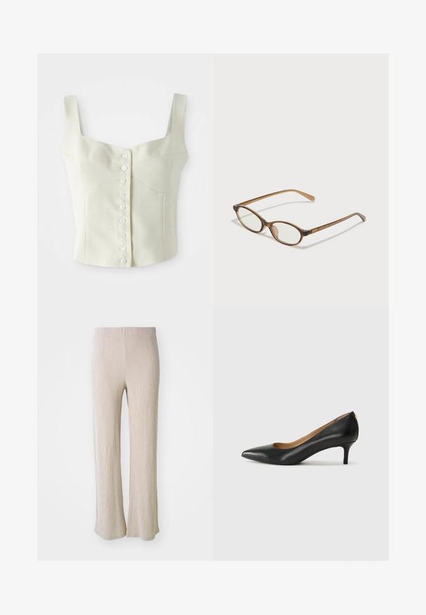 Gaiškrēms bez piedurknēm apgrieztais tops ar platiem siksnām un mazu baltu pogu rindu pa vidu.; Beidzīša platās bikses no teksturēta auduma ar vertikālām svītrām. Tām ir elastīga josta un brīvs piegriezums visā kājā.; Melnas ādas augstpapēžu kurpes ar pīlādžu purngalu, zemu papēdi un gludu virsmu. Raksturīga neliela atvere priekšā un minimāls aprīkojums aizmugurē.; Brūnas bruņurupuču čuguna brilles ar ovālām lēcām, plānām kājām un caurspīdīgām akcentiem. Uz tempļa ir smalka logo. Sleek, viegla konstrukcija.; Melnas ādas somiņa ar gludu tekstūru, strukturētu formu, divām rokturām un izteiktu sudraba sprādzi priekšpusē.