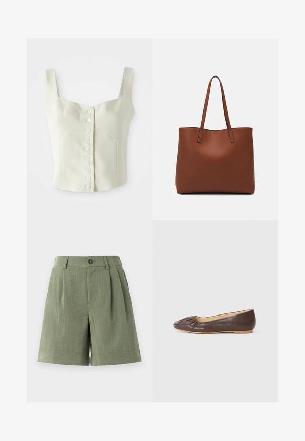 Haut court sans manches couleur crème avec de larges bretelles et une rangée de petits boutons blancs sur le devant.; Shorts plissés verts en tissu texturé. Dotés d'une fermeture à bouton et d'un ourlet droit, avec une coupe ajustée.; Ballerine en cuir marron avec un bout arrondi, des détails froncés à l'avant et une semelle plate de couleur claire.; Sac fourre-tout en cuir marron avec une texture lisse, design à ouverture supérieure et deux poignées pour le porter à l'épaule. Présente des coutures minimales et aucun matériel visible.