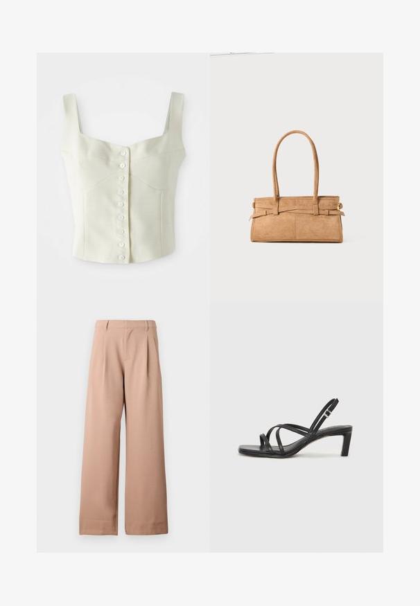 Kreemjas värvitoonis ilma varrukateta lühike topp, millel on laiad rihmad ja esiküljel rida väikeseid valgeid nööpe.; Beige laiendid püksid vöökohaga, vöökohtade pleekides ja lameda esiotsaga, esitatud lihtsa valge tausta ees.; Mustast rihmajalatsid ruudukujulise varba ja madala ploki kontsaga. Omab mitmeid õhukesi rihmasid ja reguleeritavat pahkluu rihma. Valmistatud siledast nahast.; Karamelli suède käekott, millel on kaks pikka sangad, ristküliku kuju ja dekoratiivne õmblus. Omab külgrihma ja diskreetseid kuldseid detailide aktsente.