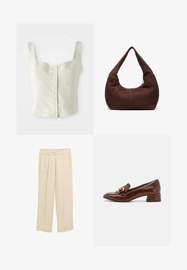 Tej színű, ujjatlan, rövid top széles pántokkal, a közepén egy sor kis fehér gombbal.; Beige, laza szárú nadrág könnyű anyagból. Rugalmas derékpánttal és oldalsó zsebekkel rendelkezik. Sima textúrája finom függőleges csíkokkal van díszítve.; Barna bőr loaferek fényes felülettel, dekoratív arany csattal az elején és alacsony blokk sarkával. Klasszikus dizájn.; Barna velúr hobo táska ívelt, széles fogantyúval és nagy nyílással. Puha textúra, a szélek mentén látható varrás részletekkel.