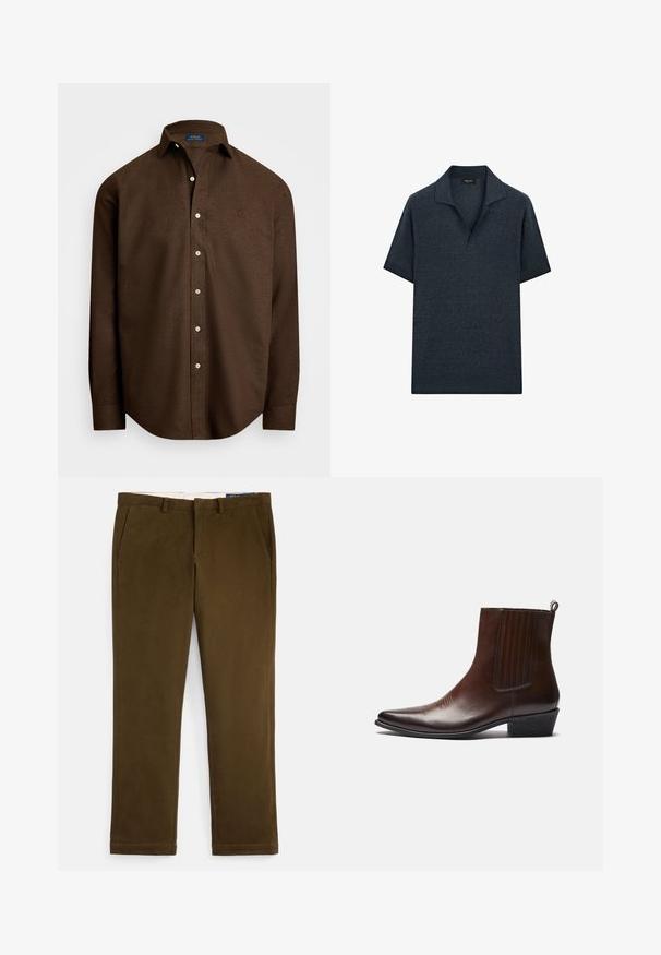 Brown long-sleeve button-up shirt with a classic collar and subtle embroidered logo on the left chest.; Short-sleeve polo shirt in dark navy, textured knit fabric, with a flat collar and subtle pattern. Clean design without embellishments.; Brown cotton chinos with a smooth finish, flat front, side pockets, and straight legs. Features a subtle stitching detail along the hems.; Brown leather ankle boot with a pointed toe, elastic side panels, textured detailing on the front, and a low stacked heel.