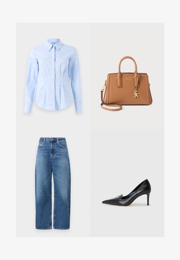 Gai zila garām piedurknēm pieguloša krekls ar norādītu apkakli un slēptiem priekšējiem pogām, pielāgota josta un pogāmas aproces.; Plati zila denima bikses ar augstu jostasvietu, klasisku piecu kabatu dizainu un redzamām pastiprinātām šuvēm gar vīlēm.; Melnas ādas sūkņi ar norādītu pirkstu, zemu griezumu un dekoratīvu zelta akcentu. Iezīmējas ar stiletto papēdi un gludu tekstūru.; Brūna ādas rokas soma ar divām rokturiem, noņemamu siksnu, zelta krāsas "MK" piekariņu un Michael Kors logo priekšpusē.