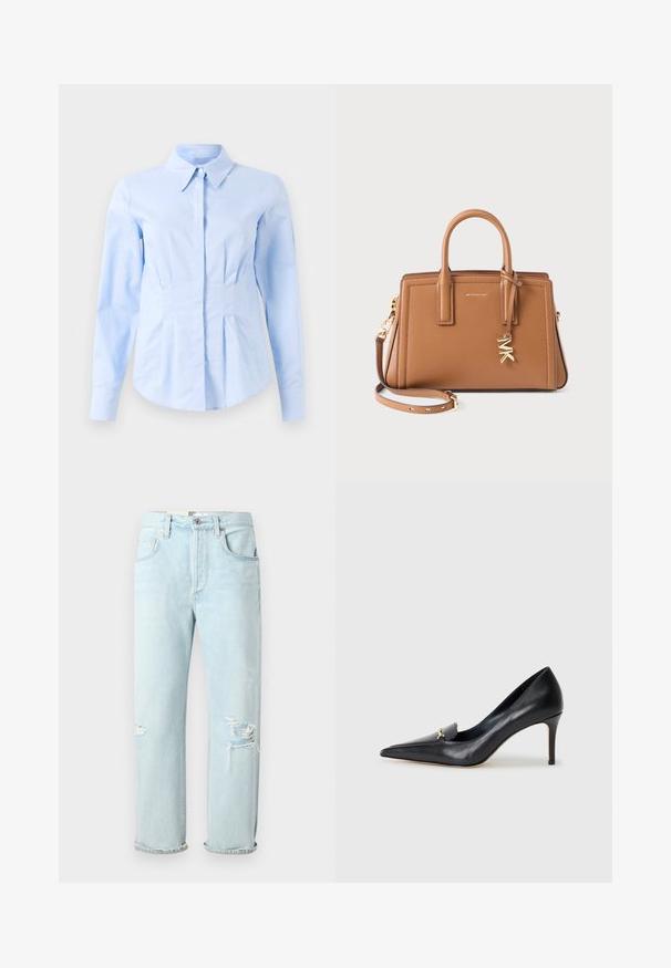 Světle modrá dlouhá rukávová upnutá košile s špičatým límcem a skrytými předními knoflíky, upraveným pasem a knoflíkovými manžetami.; Světle modré džíny s uvolněným střihem, s roztrženými místy na přední straně, ohrnutými manžetami a klasickým provedením s pěti kapsami.; Černé kožené lodičky s špičatou špičkou, nízkým svrškem a dekorativním zlatým akcentem. Mají jehlový podpatek a hladkou texturu.; Hnědá kožená kabelka s dvojitými uchy, odnímatelným popruhem, zlatým přívěskem "MK" a logem Michael Kors na přední straně.