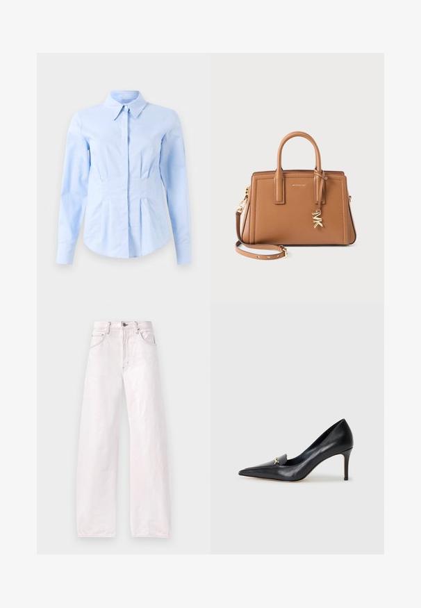 Chemise ajustée à manches longues de couleur bleu clair avec un col pointu et des boutons avant dissimulés, taille cintrée et poignets à boutons.; Jean large en denim rose clair, avec une taille haute, un design à cinq poches et des détails de couture discrets le long des coutures.; Escarpin en cuir noir avec un bout pointu, un décolleté bas et un ornement doré décoratif. Doté d'un talon aiguille et d'une texture lisse.; Sac à main en cuir marron avec doubles poignées, bandoulière amovible, charme en métal doré "MK" et logo Michael Kors à l'avant.