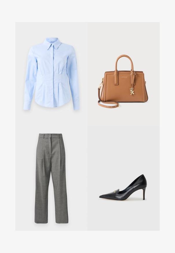 Lyseblå langærmet fitted skjorte med spidse kraver og skjulte frontknapper, skræddersyet talje og knaplukninger ved håndleddene.; Højtaljede grå bukser med lille ternet mønster, forlæns plisseringer, bæltestropper og lige ben på hvid baggrund.; Sorte læderpumps med spids tå, lav udskæring og dekorativ guldaccent. Har en stiletthæl og glat tekstur.; Brun læderhåndtaske med dobbelte håndtag, aftagelig rem, guldfarvet "MK" charme og Michael Kors-logo foran.