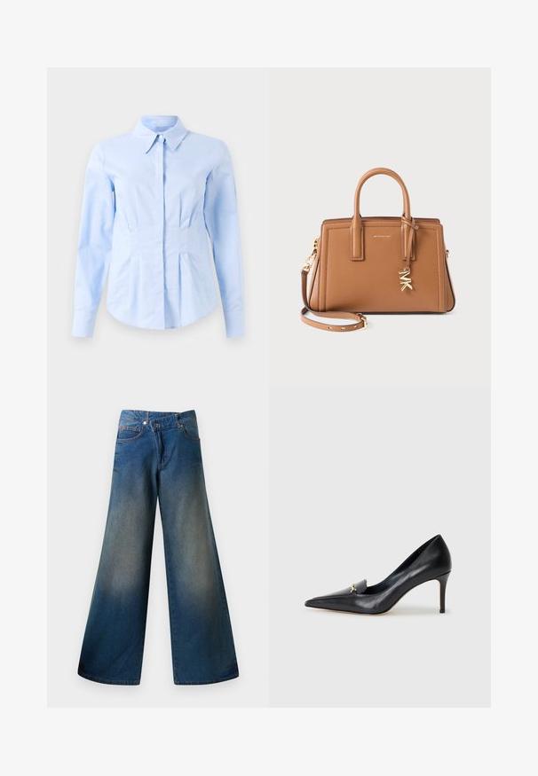 Světle modrá dlouhá rukávová upnutá košile s špičatým límcem a skrytými předními knoflíky, upraveným pasem a knoflíkovými manžetami.; Široké modré džíny vyrobené z denimu, s mírně vybledlým vzhledem, viditelným švem, dvěma předními kapsami a zapínáním na knoflík.; Černé kožené lodičky s špičatou špičkou, nízkým svrškem a dekorativním zlatým akcentem. Mají jehlový podpatek a hladkou texturu.; Hnědá kožená kabelka s dvojitými uchy, odnímatelným popruhem, zlatým přívěskem "MK" a logem Michael Kors na přední straně.