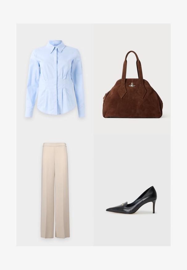 Light blue long-sleeve fitted shirt with pointed collar and concealed front buttons, tailored waist, and buttoned cuffs.; Beige wide-leg pants in a smooth fabric, featuring a high waist and subtle front pleats. No pockets or visible hardware details.; Black leather pump with a pointed toe, low-cut vamp, and a decorative gold accent. Features a stiletto heel and smooth texture.; Brown suede handbag with a structured shape, rounded body, and elongated diamond-shaped handles. Features a silver hardware closure.
