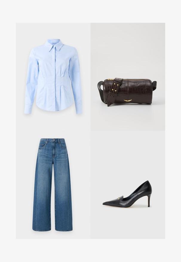 Light blue long-sleeve fitted shirt with pointed collar and concealed front buttons, tailored waist, and buttoned cuffs.; Wide-leg blue jeans with a medium wash, featuring a high waist, five pockets, and subtle whiskering. Made of denim with a smooth texture.; Black leather pump with a pointed toe, low-cut vamp, and a decorative gold accent. Features a stiletto heel and smooth texture.; Brown crocodile-embossed leather bag with a cylindrical shape, gold-tone hardware, and a detachable strap featuring studs.