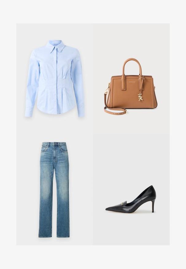 Světle modrá dlouhá rukávová upnutá košile s špičatým límcem a skrytými předními knoflíky, upraveným pasem a knoflíkovými manžetami.; Svetle modré džíny s širokými nohavicemi a vybledlým vzhledem, s pěti kapsami, zapínáním na knoflík a kontrastním prošíváním.; Černé kožené lodičky s špičatou špičkou, nízkým svrškem a dekorativním zlatým akcentem. Mají jehlový podpatek a hladkou texturu.; Hnědá kožená kabelka s dvojitými uchy, odnímatelným popruhem, zlatým přívěskem "MK" a logem Michael Kors na přední straně.