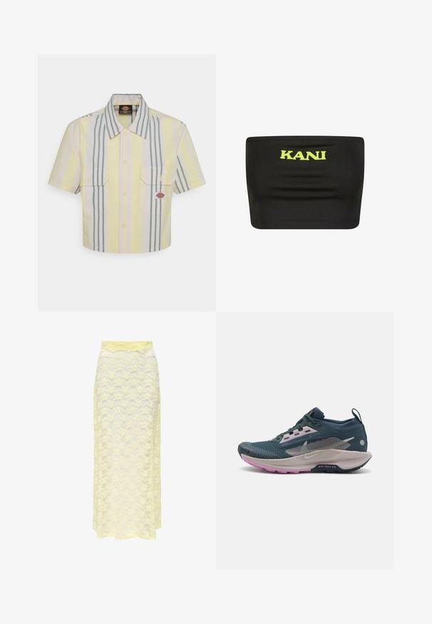 Camisa de mangas cortas recortada en amarillo claro con rayas verticales verdes y en tonos pastel. Presenta dos bolsillos en el pecho y un parche con el logo en el bolsillo izquierdo.; Top negro sin tirantes hecho de tela elástica con un gran logo en neón amarillo "KANI" en el centro. Textura suave con costuras mínimas.; Falda maxi amarilla de encaje con un patrón ondulado, que cuenta con una cinturilla lisa y una textura suave y translúcida. Diseñada para una silueta ligera y fluida.; Zapatillas de trail running de Nike con parte superior de malla verde azulado, acentos en color rosa y una suela texturizada para mayor tracción. Marca Gore-Tex en el costado.