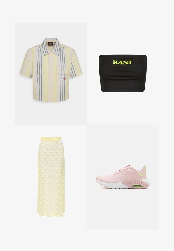 Rövid ujjú, világos sárga, függőleges zöld és pasztell csíkos ing. Két mellzsebével és logóval a bal oldali zseben.; Fekete pánt nélküli felső rugalmas anyagból, a közepén egy nagy neon sárga "KANI" logóval. Sima textúra, minimális varrásokkal.; Sárga csipkés maxi szoknya hullámos mintával, sima derékrésszel és puha, áttetsző textúrával. Áramló siluettet terveztek.; Rózsaszín sportcipők sima felsőrésszel, fehér talppal, zöld részletekkel és perforált kiegészítésekkel. Párnázott sarokkal és fűzős dizájnnal rendelkezik.