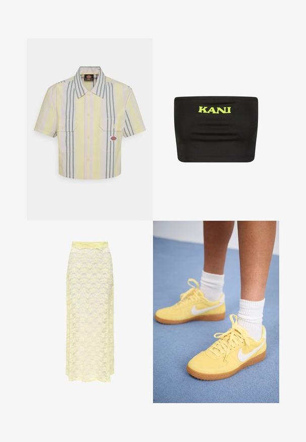 Skraćena majica s kratkim rukavima u svijetloj žutoj boji s vertikalnim zelenim i pastelno obojenim prugama. Ima dva džepa na prsima i oznaku s logotipom na lijevom džepu.; Crna bez naramenica, napravljena od elastičnog materijala, s velikim neonsko žutim logom "KANI" u sredini. Glatka tekstura s minimalnim šavovima.; Žuta čipkasta maksi suknja s valovitim uzorkom, koja ima glatku elastiku u struku i mekan, prozračan materijal. Dizajnirana za lepršav siluetu.; Žuti suđeni tenisice s bijelim Nike swoosh-om i gumiranim potplatom, s vezicama, mekim tekstilom, nosene s bijelim kratkim čarapama.