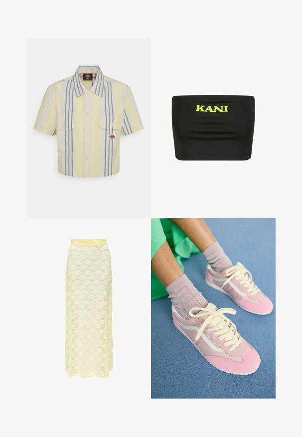 Rövid ujjú, világos sárga, függőleges zöld és pasztell csíkos ing. Két mellzsebével és logóval a bal oldali zseben.; Fekete pánt nélküli felső rugalmas anyagból, a közepén egy nagy neon sárga "KANI" logóval. Sima textúra, minimális varrásokkal.; Sárga csipkés maxi szoknya hullámos mintával, sima derékrésszel és puha, áttetsző textúrával. Áramló siluettet terveztek.; Rózsaszín sportcipők, velúrból és hálóból készült, krém színű díszítésekkel. Vastag fűzővel, struktúrált felülettel és fehér gumitalppal rendelkezik.