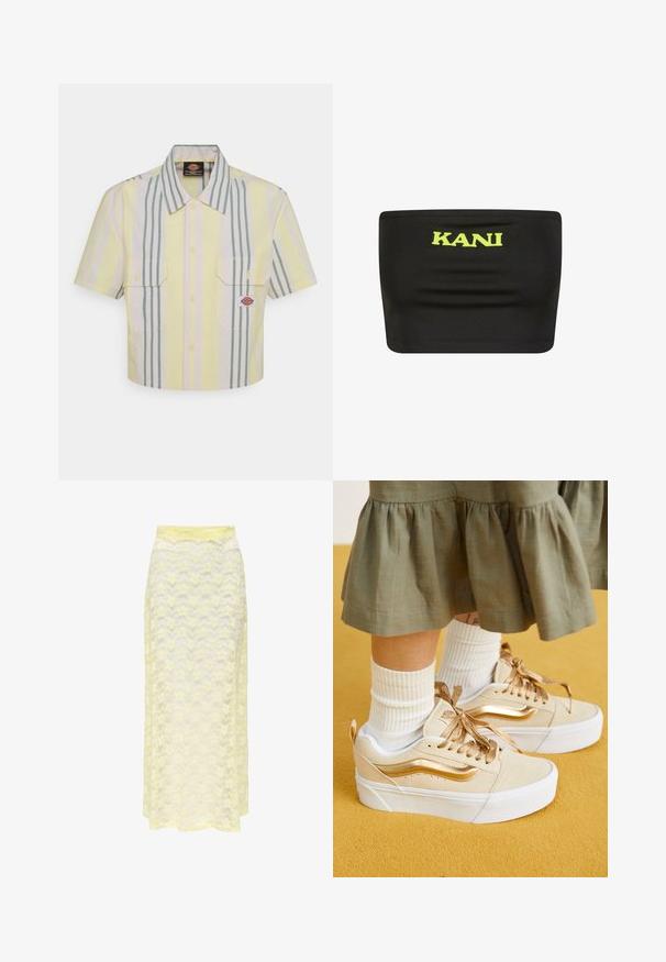 Skórzana koszula z krótkim rękawem w jasnym żółtym kolorze z pionowymi zielonymi i pastelowymi paskami. Posiada dwie kieszenie na piersi oraz naszywkę z logo na lewej kieszeni.; Czarny top bez ramiączek wykonany z elastycznej tkaniny, z dużym neonowo-żółtym logo "KANI" pośrodku. Gładka faktura z minimalną ilością szwów.; Żółta maxi spódnica z koronką o falistym wzorze, z gładkim pasem w talii i miękką, przezroczystą fakturą. Zaprojektowana z myślą o zwiewnej sylwetce.; Vans KNU STACK złoty