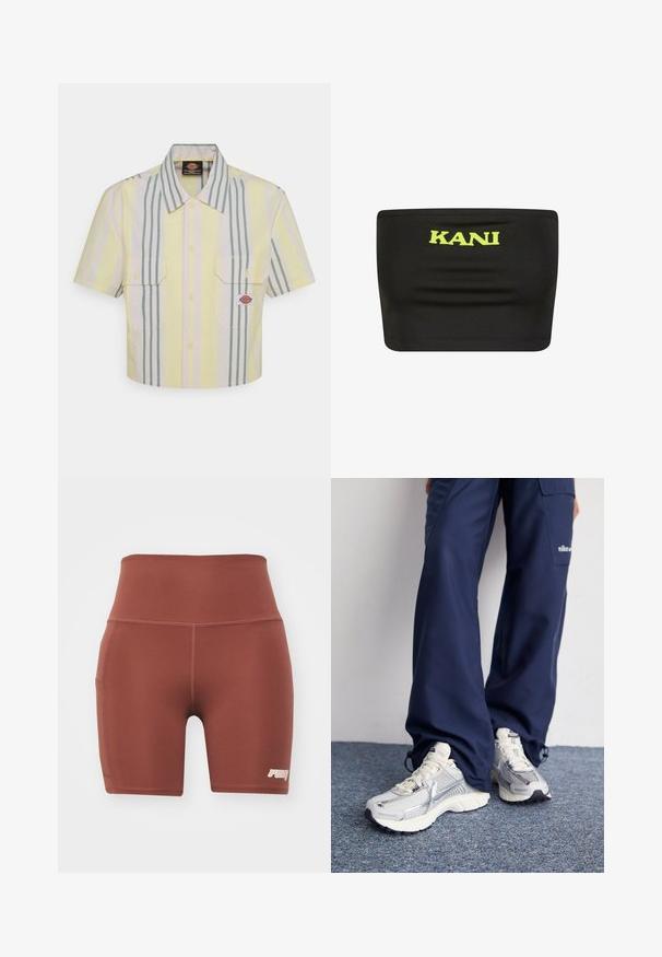 Cropped short-sleeve shirt in light yellow with vertical green and pastel stripes. Features two chest pockets and a logo patch on the left pocket.; Black strapless top made of stretchy fabric featuring a large neon yellow "KANI" logo at the center. Smooth texture with minimal seams.; Brown fitted athletic shorts with a high waistband, made from smooth fabric. Features a side pocket and a small logo in the bottom right corner.; Nike athletic shoes with a silver mesh upper, white accents, and textured soles, paired with loose-fitting navy pants.