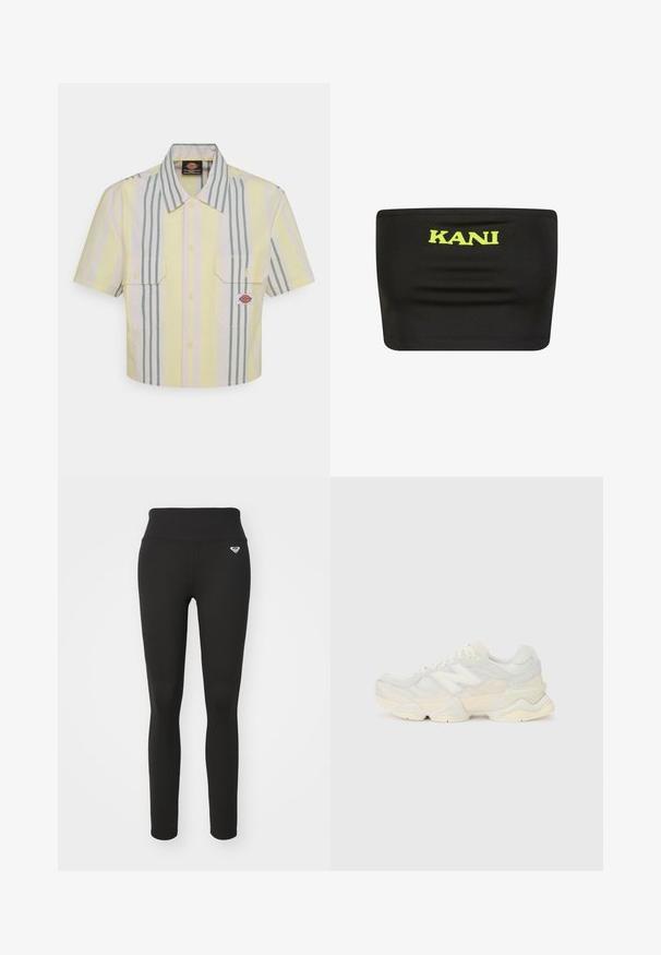 Skórzana koszula z krótkim rękawem w jasnym żółtym kolorze z pionowymi zielonymi i pastelowymi paskami. Posiada dwie kieszenie na piersi oraz naszywkę z logo na lewej kieszeni.; Czarny top bez ramiączek wykonany z elastycznej tkaniny, z dużym neonowo-żółtym logo "KANI" pośrodku. Gładka faktura z minimalną ilością szwów.; Czarne legginsy z wysokim stanem, wykonane z elastycznego materiału. Posiadają małe logo na biodrze oraz gładką, matową fakturę.; Lekki sneakers z siateczkową i zamszową cholewką w delikatnych kremowych odcieniach, z masywną podeszwą i trójwymiarowymi akcentami.