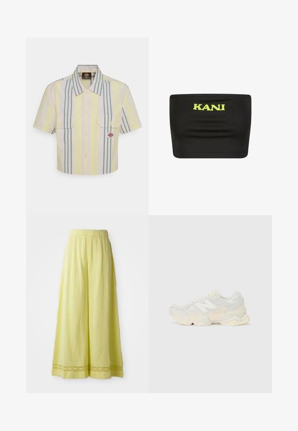 Cropped short-sleeve shirt in light yellow with vertical green and pastel stripes. Features two chest pockets and a logo patch on the left pocket.; Black strapless top made of stretchy fabric featuring a large neon yellow "KANI" logo at the center. Smooth texture with minimal seams.; Yellow wide-leg trousers made of textured fabric with an elastic waistband. Features a crochet-like detail at the hem.; Lightweight sneaker featuring a mesh and suede upper in soft cream tones, with a chunky sole and three-dimensional accents.