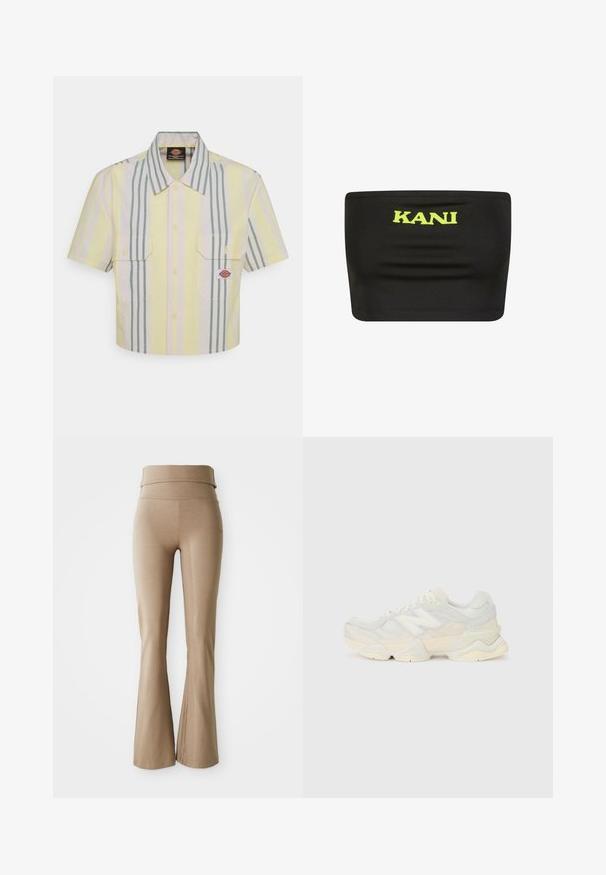 Camisa de mangas cortas recortada en amarillo claro con rayas verticales verdes y en tonos pastel. Presenta dos bolsillos en el pecho y un parche con el logo en el bolsillo izquierdo.; Top negro sin tirantes hecho de tela elástica con un gran logo en neón amarillo "KANI" en el centro. Textura suave con costuras mínimas.; Leggings acampanados beige hechos de tejido elástico; cuentan con una amplia cinturilla plegable y sutiles detalles de costura. Textura suave, diseño ajustado.; Zapatilla ligera con parte superior de malla y ante en suaves tonos crema, con una suela gruesa y acentos tridimensionales.