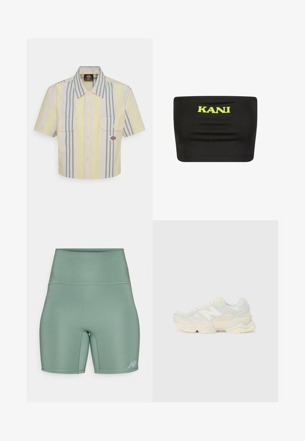 Kurzes, tailliertes Hemd mit kurzen Ärmeln in hellem Gelb mit vertikalen grünen und pastellfarbenen Streifen. Verfügt über zwei Brusttaschen und ein Logo-Patch auf der linken Tasche.; Schwarzes trägerloses Top aus elastischem Stoff mit einem großen neon-gelben "KANI"-Logo in der Mitte. Glatte Textur mit minimalen Nähten.; Hoch geschnittene Sportshorts in einem gedämpften Grünton. Hergestellt aus glattem, dehnbarem Material mit flachen Nähten und einem reflektierenden Logo-Details.; Leichte Sneaker mit einem Obermaterial aus Mesh und Wildleder in sanften Cremetönen, einer dicken Sohle und dreidimensionalen Akzenten.