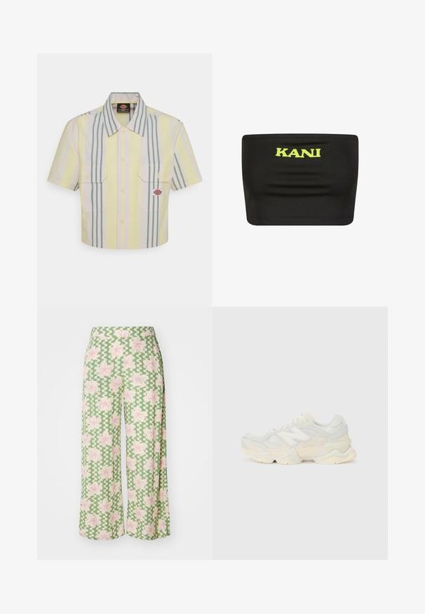 Kortärmad skjorta i ljusgul med vertikala gröna och pastellfärgade ränder. Har två bröstfickor och en logotyp på den vänstra fickan.; Svart strapless topp i elastiskt material med en stor neongul "KANI"-logotyp i mitten. Slät textur med minimala sömmar.; Breda byxor i ett grönt tyg med ett vågigt mönster och rosa blommor. Midjan är platt, vilket förstärker den avslappnade designen.; Lättviktig sneaker med en ovandel av mesh och mocka i mjuka krämfärger, med en rejäl sula och tredimensionella detaljer.