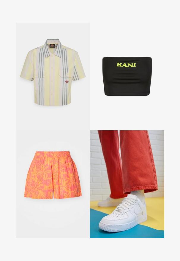 Rövid ujjú, világos sárga, függőleges zöld és pasztell csíkos ing. Két mellzsebével és logóval a bal oldali zseben.; Fekete pánt nélküli felső rugalmas anyagból, a közepén egy nagy neon sárga "KANI" logóval. Sima textúra, minimális varrásokkal.; Rózsaszín és narancssárga virágmintás sort, elasztikus derékkal és pliszézett kialakítással. Könnyű anyagból készült, kis oldalsó díszítéssel.; Fehér bőr edzőcipő perforált orral, texturált talppal és fehér fűzővel, széles vörös nadrággal párosítva, kék és sárga háttérrel.
