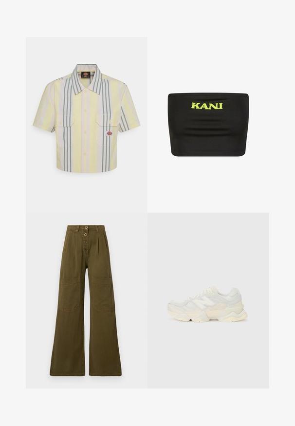 Kraftet kortermet skjorte i lys gul med vertikale grønne og pastellstriper. Har to brystlommer og et logo-patch på venstre lomme.; Svart stroppeløs topp laget av elastisk stoff, med en stor neongul "KANI"-logo i midten. Glatt tekstur med minimale sømmer.; Bredde ben, olivengrønne bukser laget av bomull. Har høy midje, fire store lommer og en femknapps frontlukking med synlig søm.; Lett sneaker med en overdel i mesh og semsket skinn i myke kremtoner, med en kraftig såle og tredimensjonale detaljer.