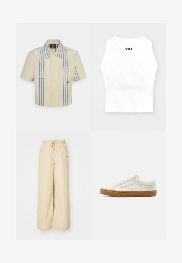 Cropped short-sleeve shirt in light yellow with vertical green and pastel stripes. Features two chest pockets and a logo patch on the left pocket.; Obey Clothing BOLD - Top - white; Beige wide-leg trousers made of soft fabric, featuring an elastic waistband with a drawstring, side pockets, and subtle stitching details.; White canvas low-top sneakers with a gum rubber sole, round toe, lace-up closure, and side leather stripe detail.