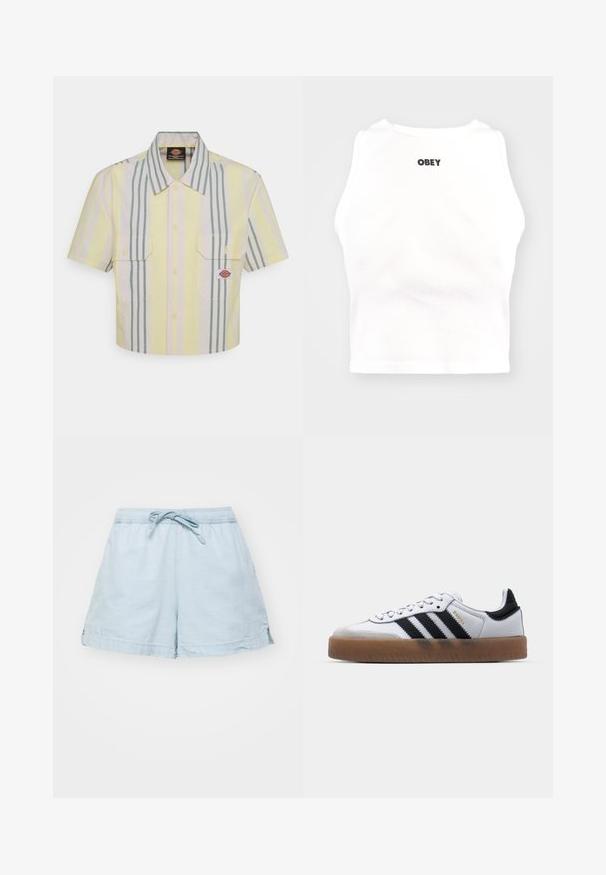 Camisa de mangas cortas recortada en amarillo claro con rayas verticales verdes y en tonos pastel. Presenta dos bolsillos en el pecho y un parche con el logo en el bolsillo izquierdo.; Obey Clothing BOLD - Top - white; Pantalones cortos ligeros de color azul claro, con cintura elástica y cordón. Presentan bolsillos laterales y un ajuste holgado, están hechos de una tela suave.; Zapatillas de cuero blancas con rayas negras, suela de goma, puntera redonda, cierre de cordones y caperuza de ante gris suave.