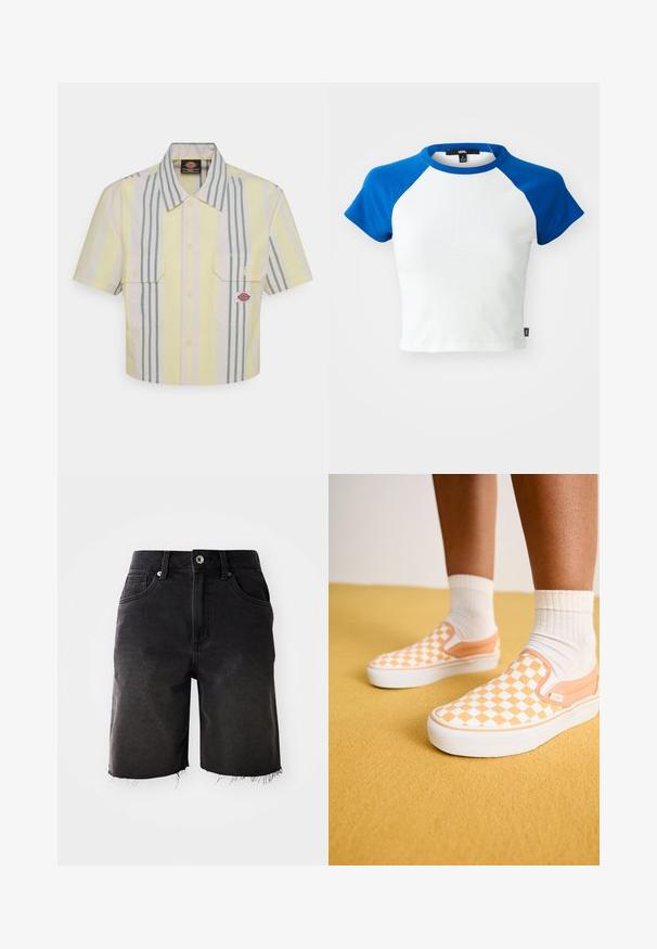 Camisa de mangas cortas recortada en amarillo claro con rayas verticales verdes y en tonos pastel. Presenta dos bolsillos en el pecho y un parche con el logo en el bolsillo izquierdo.; Camiseta corta de manga corta con cuerpo blanco y mangas raglán azules. Fabricada en algodón, presenta un escote de cuello redondo y dobladillo cosido.; Pantalones cortos de mezclilla negra con un lavado desvanecido, dobladillo deshilachado, diseño clásico de cinco bolsillos y cierre de un solo botón. Acentos de costura gruesa en toda la prenda.; Vans CLASSIC SLIP-ON PLATFORM - Zapatillas - apricot