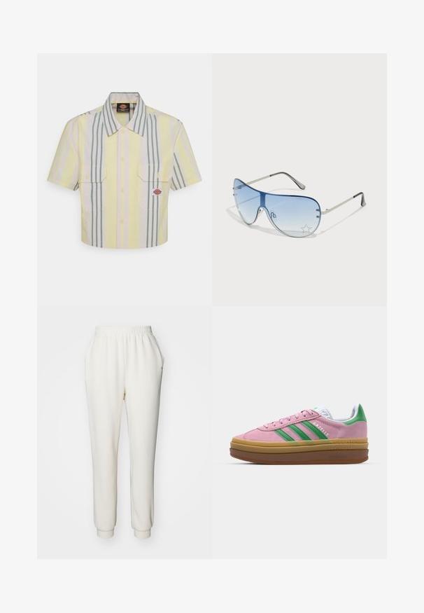 Camisa de mangas cortas recortada en amarillo claro con rayas verticales verdes y en tonos pastel. Presenta dos bolsillos en el pecho y un parche con el logo en el bolsillo izquierdo.; Pantalones de chándal blancos, ajustados en la parte inferior y hechos de una tela suave, con cintura elástica y puños en los tobillos. Cuenta con bolsillos laterales para mayor comodidad.; Zapatillas de ante rosa con rayas verdes, acentos blancos y una suela de goma marrón. Presentan un tejido texturizado y detalles del logo en el costado.; Gafas de sol tipo aviador con lentes azul degradado, montura de metal plateado y acentos decorativos de estrellas en los lentes. Diseño suave y elegante.