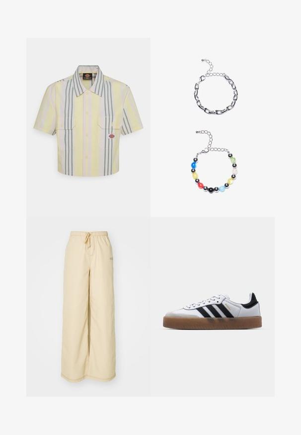 Cropped short-sleeve shirt in light yellow with vertical green and pastel stripes. Features two chest pockets and a logo patch on the left pocket.; Beige wide-leg trousers made of soft fabric, featuring an elastic waistband with a drawstring, side pockets, and subtle stitching details.; White leather sneakers with black stripes, gum rubber outsole, round toe, lace-up closure, and soft gray suede toe cap.; Silver chain bracelet featuring elongated links above. Below, a colorful beaded bracelet with black, blue, green, yellow, red, and clear beads.
