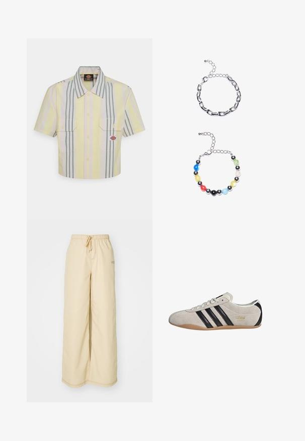 Rövid ujjú, világos sárga, függőleges zöld és pasztell csíkos ing. Két mellzsebével és logóval a bal oldali zseben.; Beige, széles lábú nadrág puha szövetből, rugalmas derékkal és zsinórral, oldalsó zsebekkel és diszkrét varrási részletekkel.; Suede sportcipő szürke felsőrésszel, fekete csíkokkal és gumiból készült talppal. Fűzős záródással és arany logó részlettel rendelkezik az oldalon.; Ezüst lánc karkötő, meghosszabbított szemekkel a tetején. Alatta egy színes gyöngy karkötő fekete, kék, zöld, sárga, piros és átlátszó gyöngyökkel.