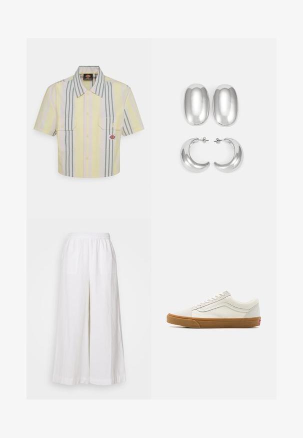 Cropped short-sleeve shirt in light yellow with vertical green and pastel stripes. Features two chest pockets and a logo patch on the left pocket.; White linen wide-leg pants with an elastic waistband, featuring two front pockets and a lightweight, textured fabric.; White canvas low-top sneakers with a gum rubber sole, round toe, lace-up closure, and side leather stripe detail.; Silver-colored earrings set: two oval studs and two crescent-shaped hoops, featuring a glossy, smooth finish and a rounded design.