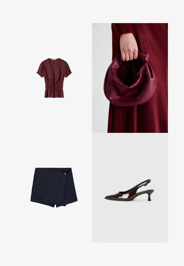 Burgundská blúzka s krátkym rukávom a hlbokým V-výstrihom, so zhrnutým pásom na šnúrku a jemne textúrovanou látkou. Rozšírený lem s volánovými akcentmi.; Tmavé denim šortky s prekrývacím dizajnom a predným kovovým gombíkom. Majú čistý lem a hladkú textúru.; Hnedá lakovaná slingback obuv s špicatou špičkou a mierne vysokým opätkom. Obsahuje pracku pre bezpečné upevnenie. Hladká textúra.; Burgundská kožená kabelka s mäkkým, zhromaždeným dizajnom a zaobleným tvarom. Rukoväť je pevne zaisťujúca a vystavuje hladkú textúru.