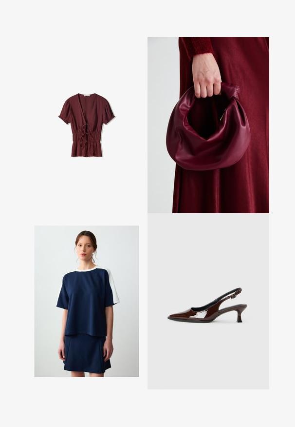 Bordeaux-farbenes Kurzarmoberteil mit tiefem V-Ausschnitt, gerafftem Kordelzugbund und leicht strukturiertem Stoff. Ausgestellter Saum mit Rüschendetails.; Navyblaues lässiges Oberteil mit weißen Schulterakzenten, kurzen Ärmeln und lockerer Passform, kombiniert mit einem passenden engen Rock. Sanfte Textur.; Braune Lackleder-Slingback-Schuhe mit spitzer Zehe und moderatem Absatz. Mit einem Schnallenriemen für einen sicheren Sitz. Glatte Textur.; Burgunderleder-Handtasche mit einem weichen, gerafften Design und einer gerundeten Form. Der Griff ist gesichert und zeigt eine glatte Textur.
